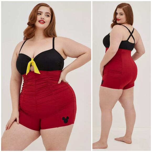 Torrid | Disney Mickey Mouse Red Black Ruched Shorts Style One Piece Swimsuit - Picture 14 of 14